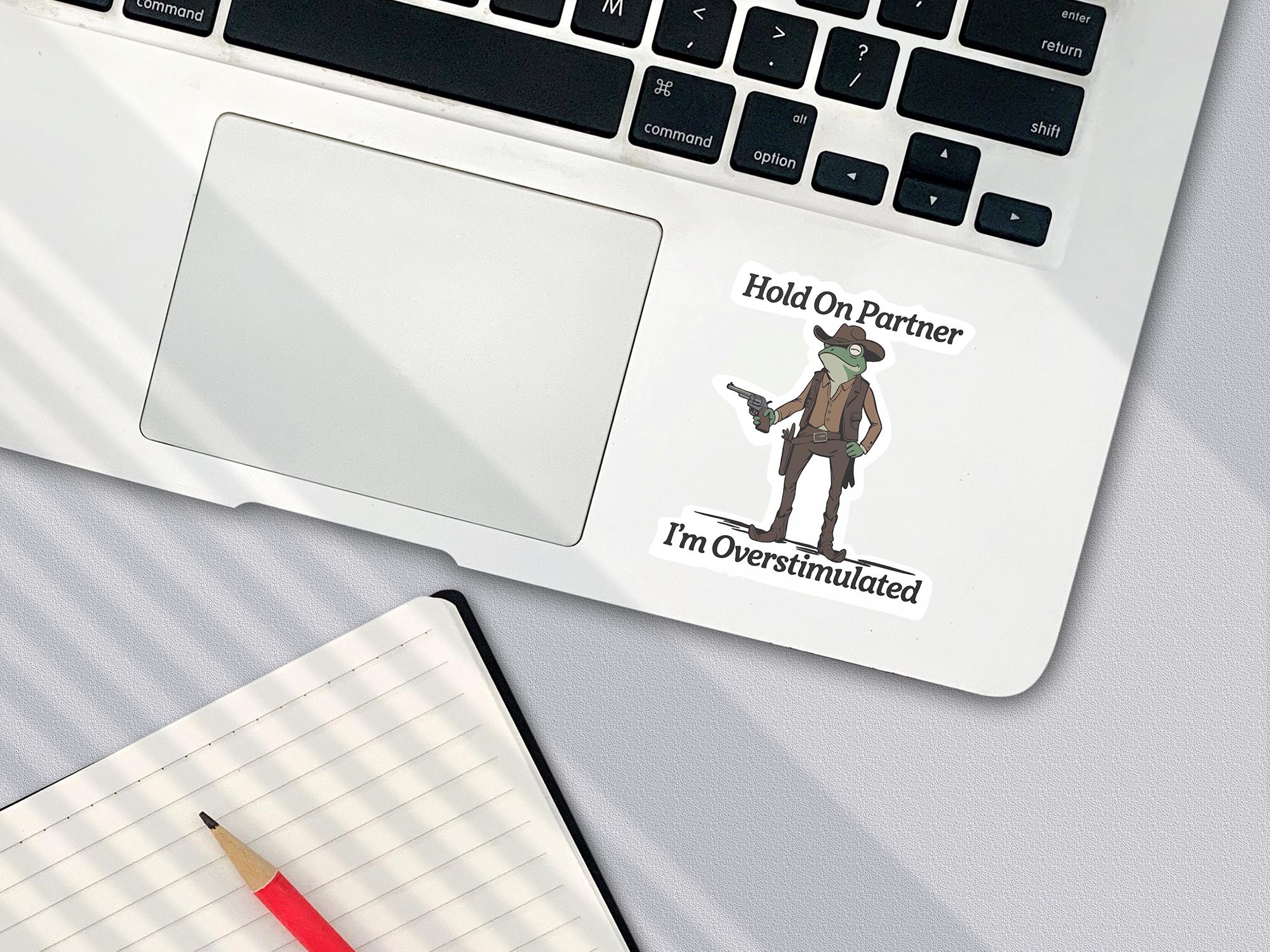 Hold On Partner, I'm Overstimulated Sticker: Funny Cowboy Frog Decal