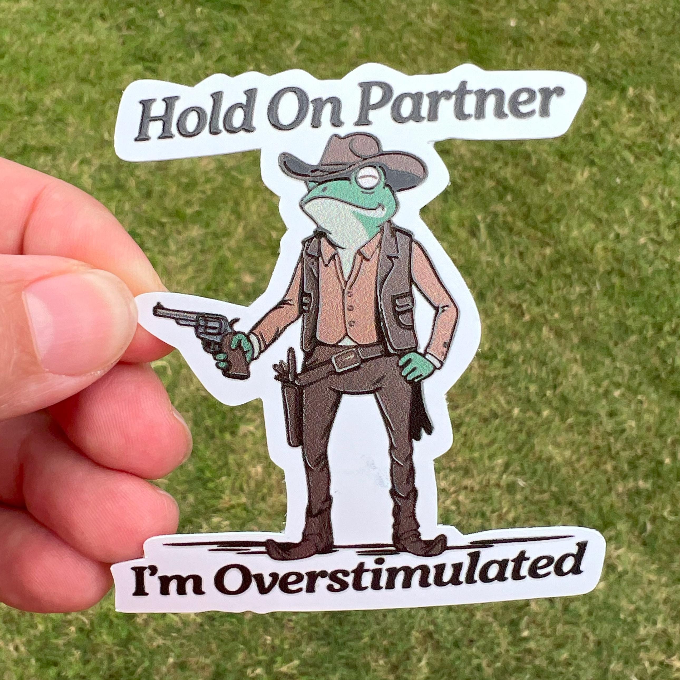 Hold On Partner, I'm Overstimulated Sticker: Funny Cowboy Frog Decal