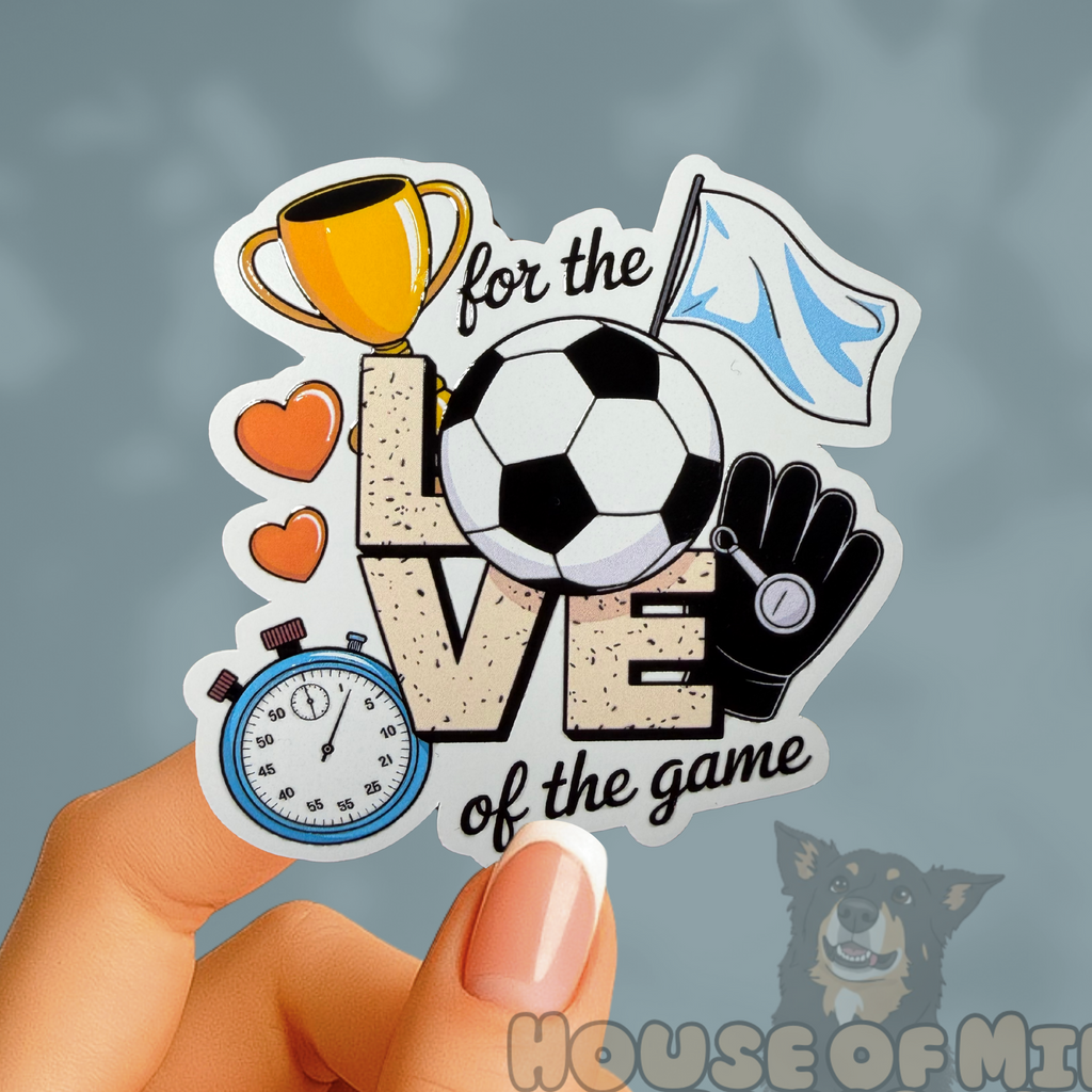 Sticker with soccer-themed design held by a hand against a gray background, with 'House of Milli Paper Co.' branding.