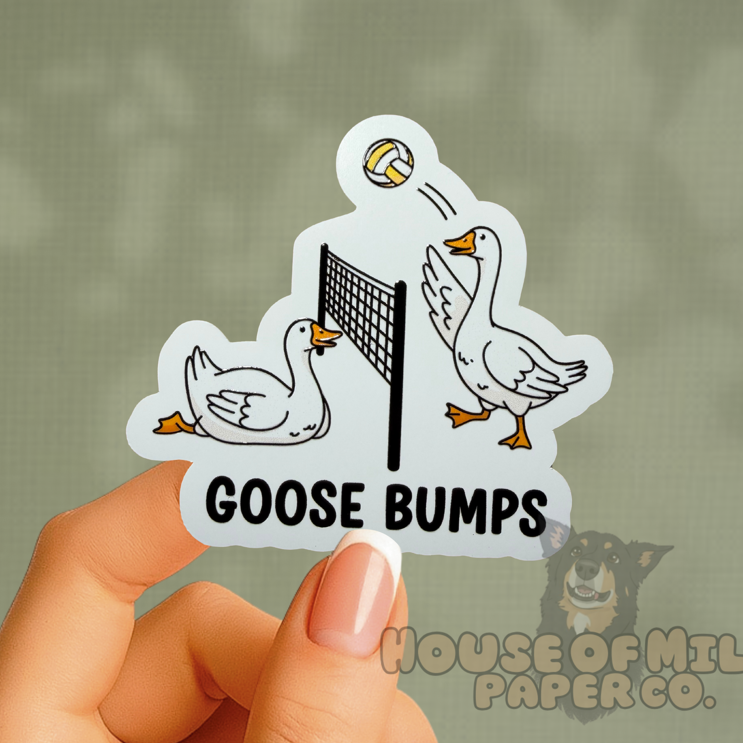 Sticker with cartoon ducks playing volleyball and 'GOOSE BUMPS' text, held by a hand against a neutral background.