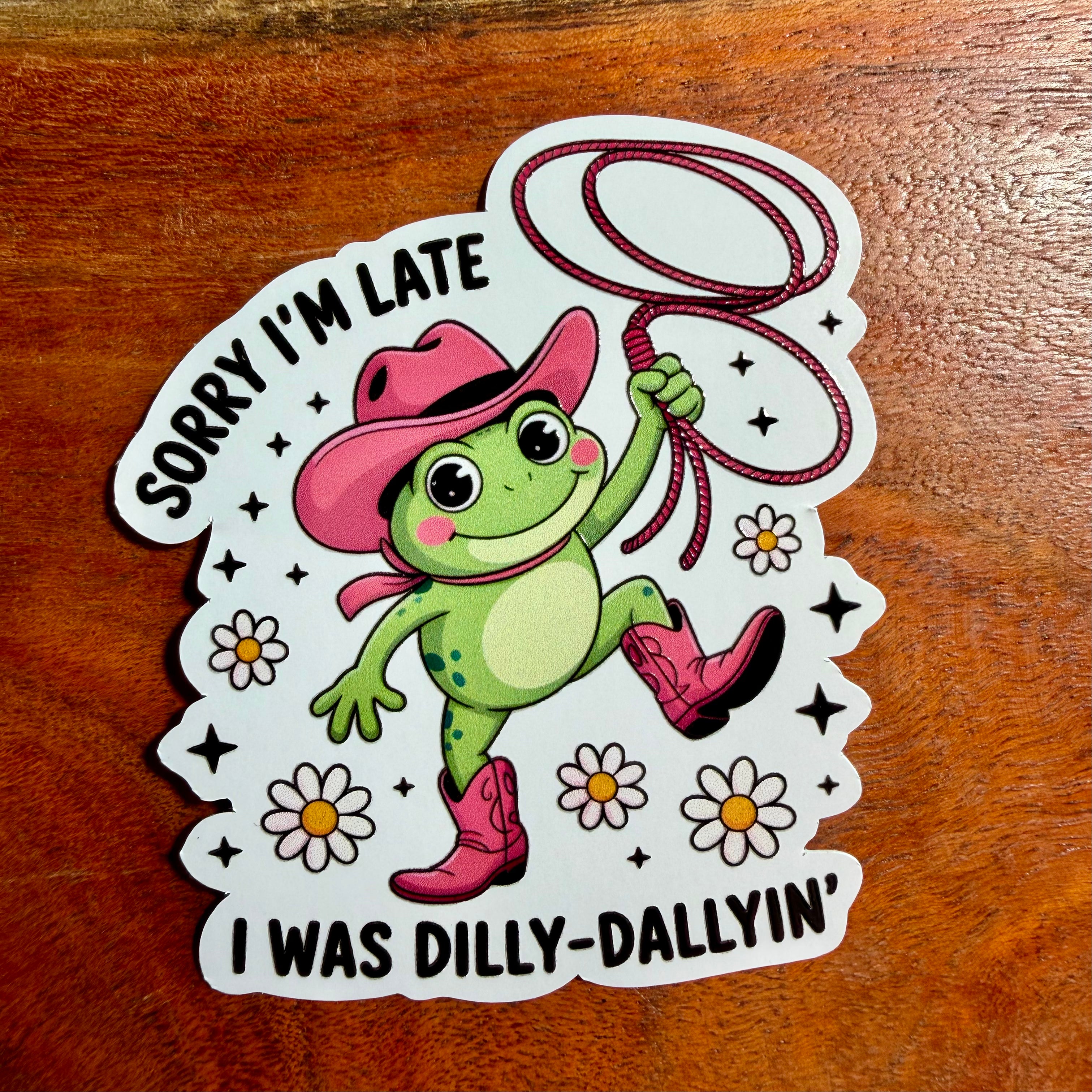 Sorry I'm Late, I Was Dilly-dallying Sticker: Funny Retro Frog Sticker
