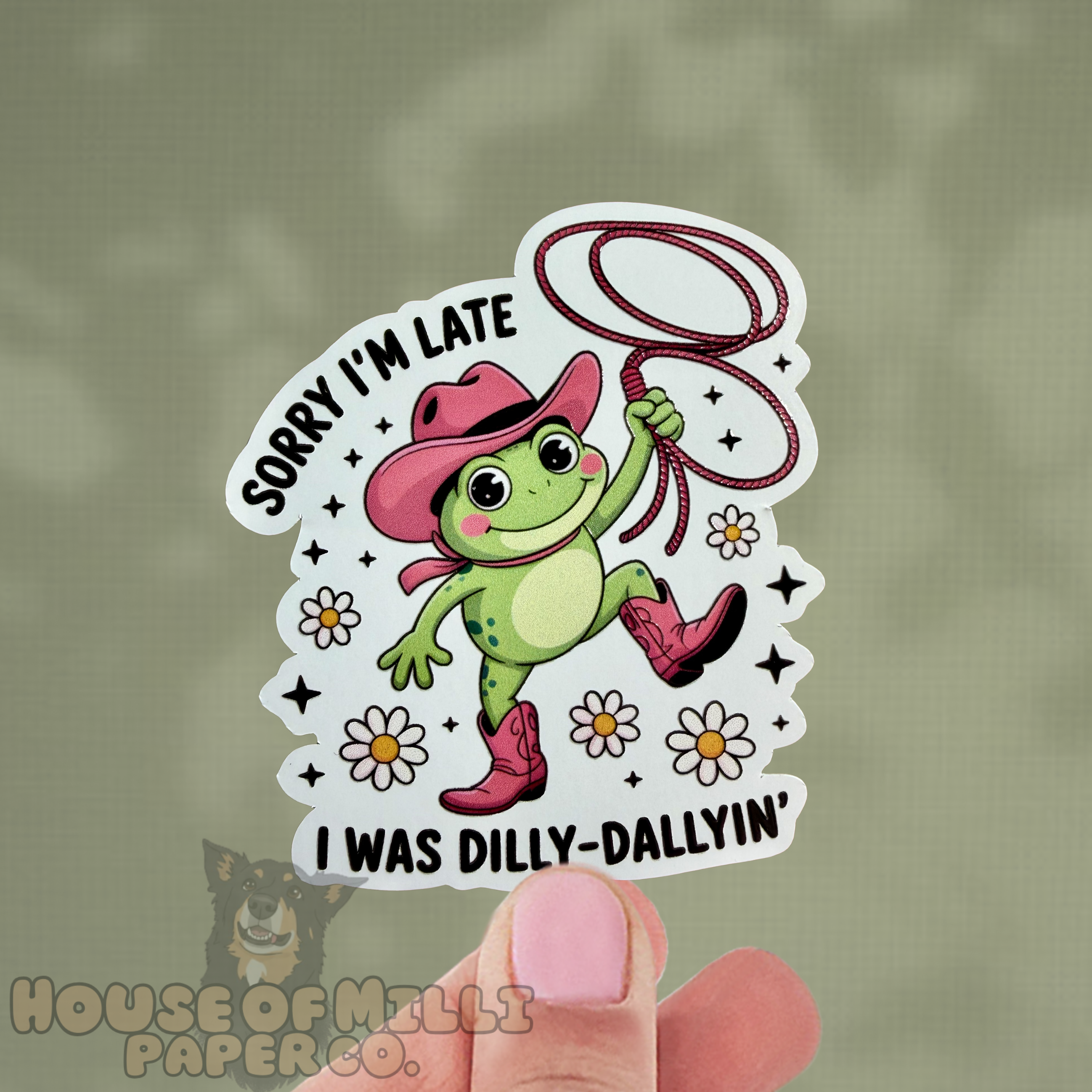 Sticker with a frog wearing a cowboy hat and boots, holding a lasso, on a green background.