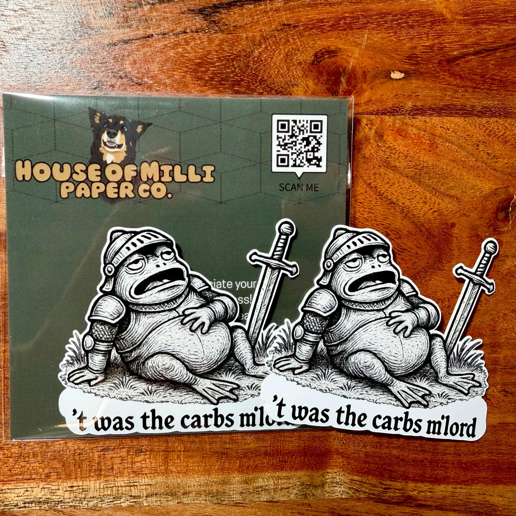 Medieval ‘Twas the Carbs M’Lord Funny Sticker: Sarcastic Diet Joke Decal