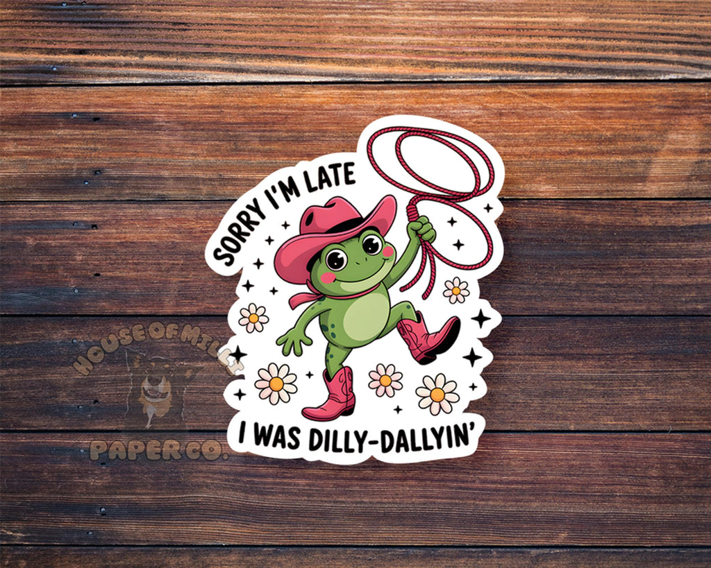 Sorry I'm Late, I Was Dilly-dallying Sticker: Funny Retro Frog Sticker