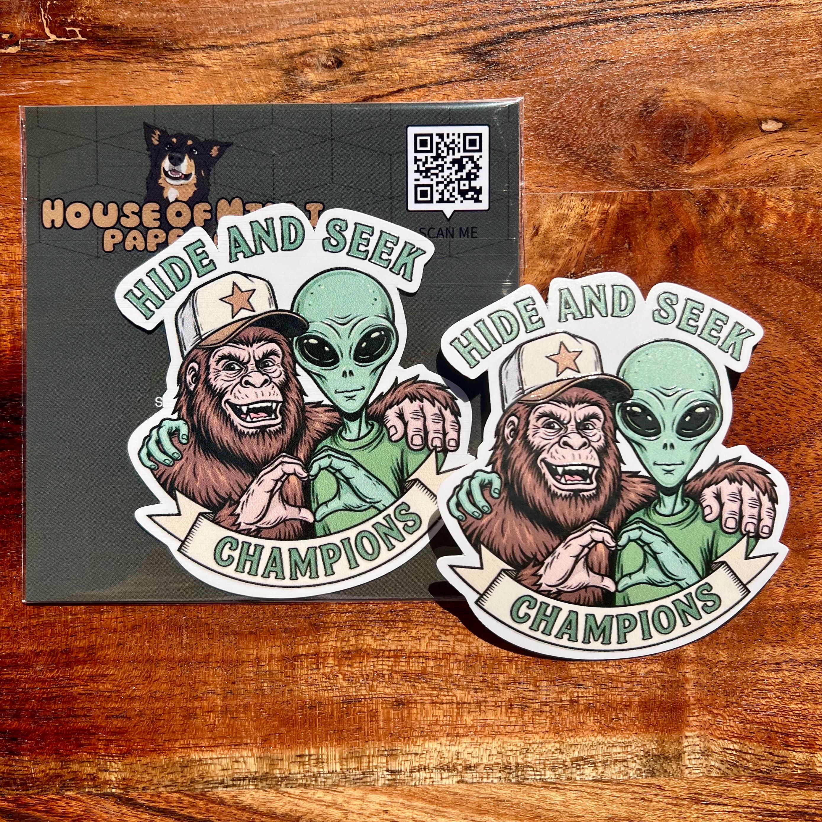 Hide and Seek Champions Sticker: Aliens and Big Foot Joke Decal