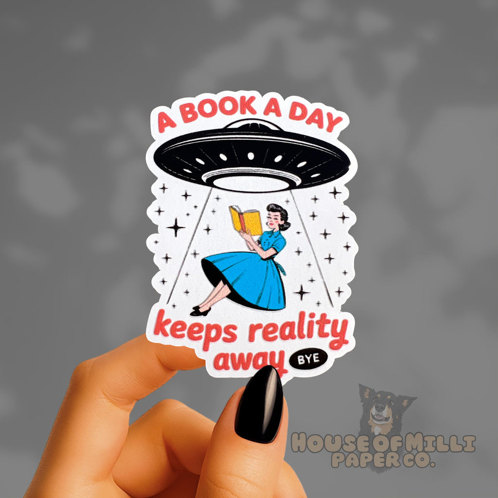 Book Lover Waterproof Sticker: UFO Abduction, Escape Reality