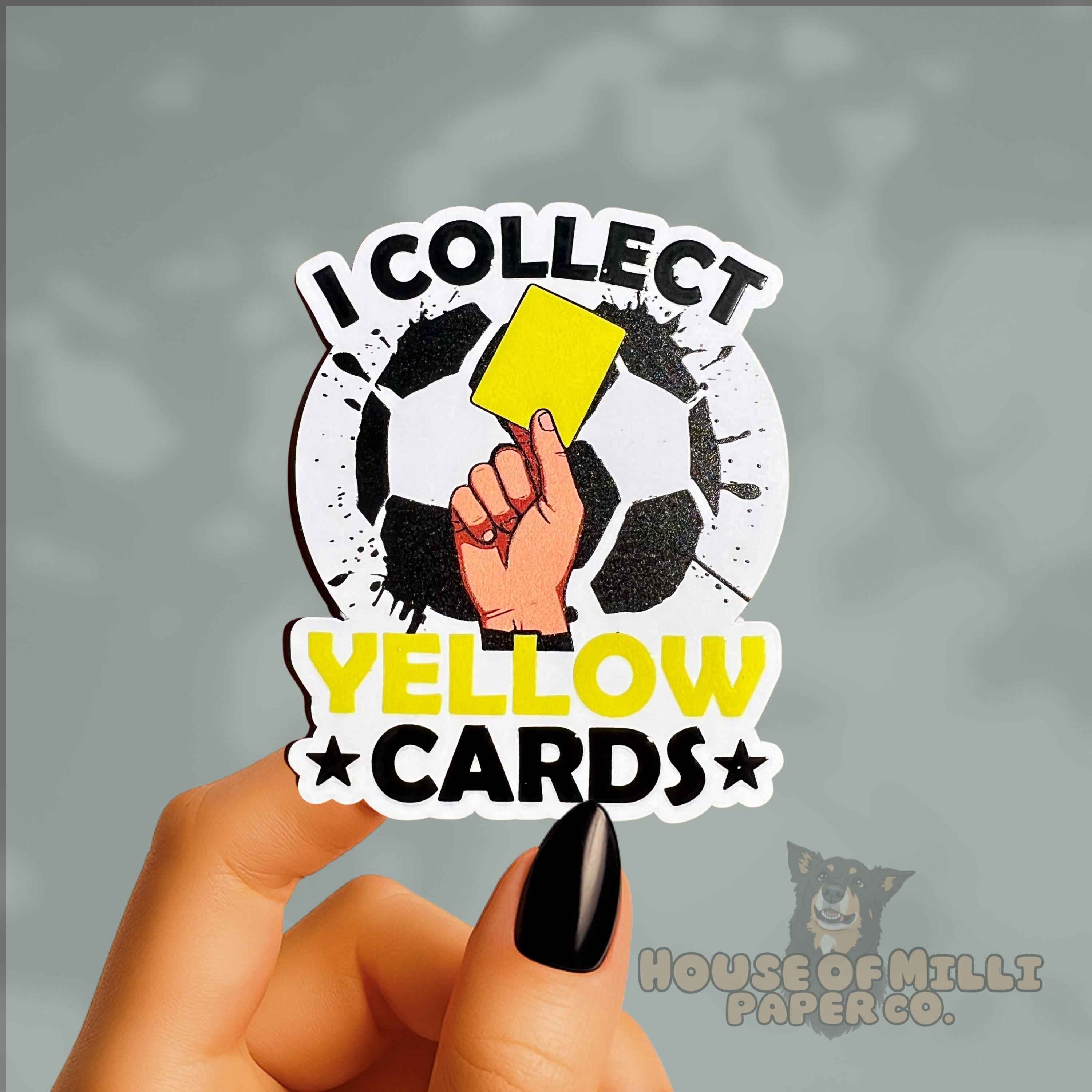 Sticker with 'I Collect Yellow Cards' design held by a hand, with 'House of Milli Paper Co.' branding.