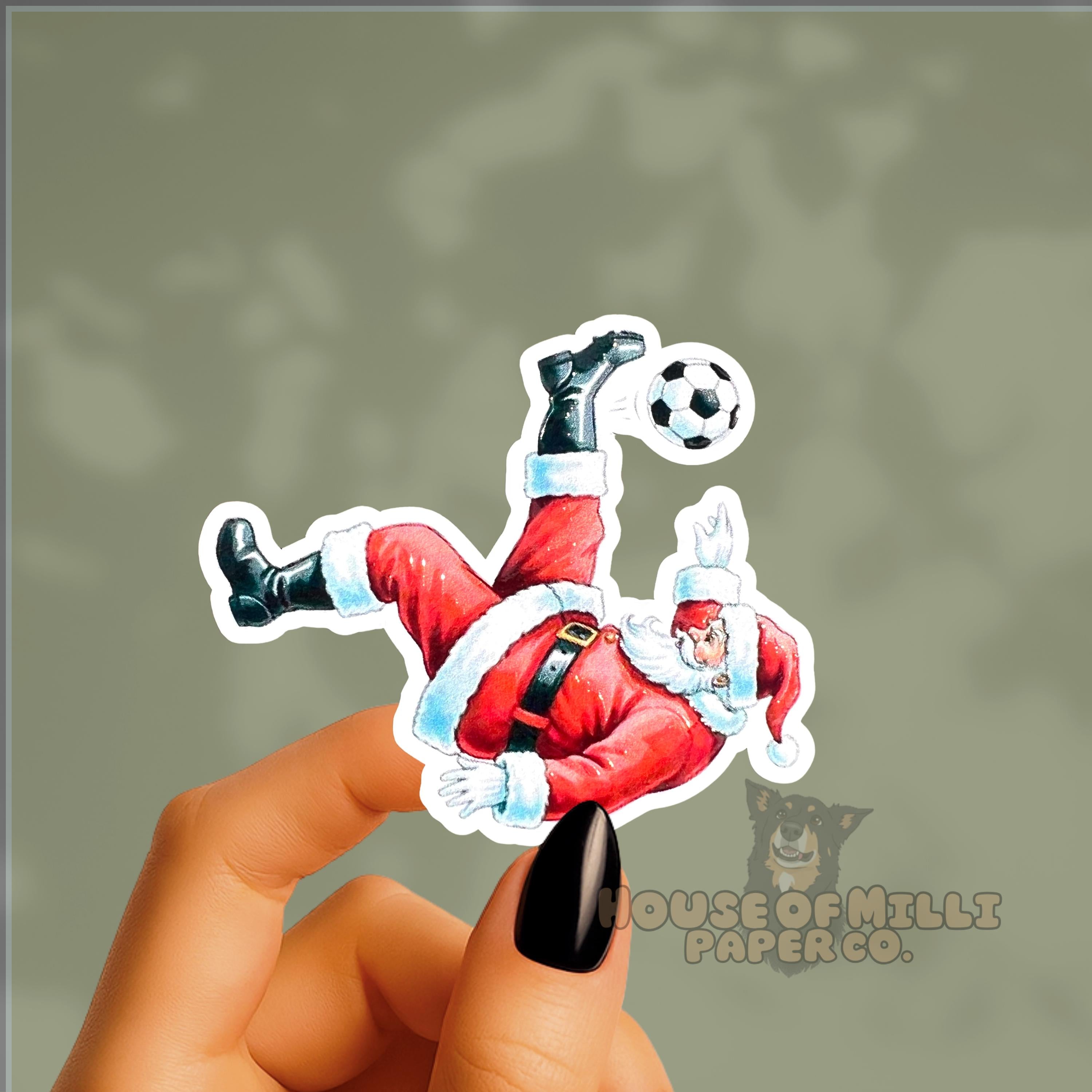 Bicycle Kick Soccer Santa Sticker - Waterproof Christmas Decal