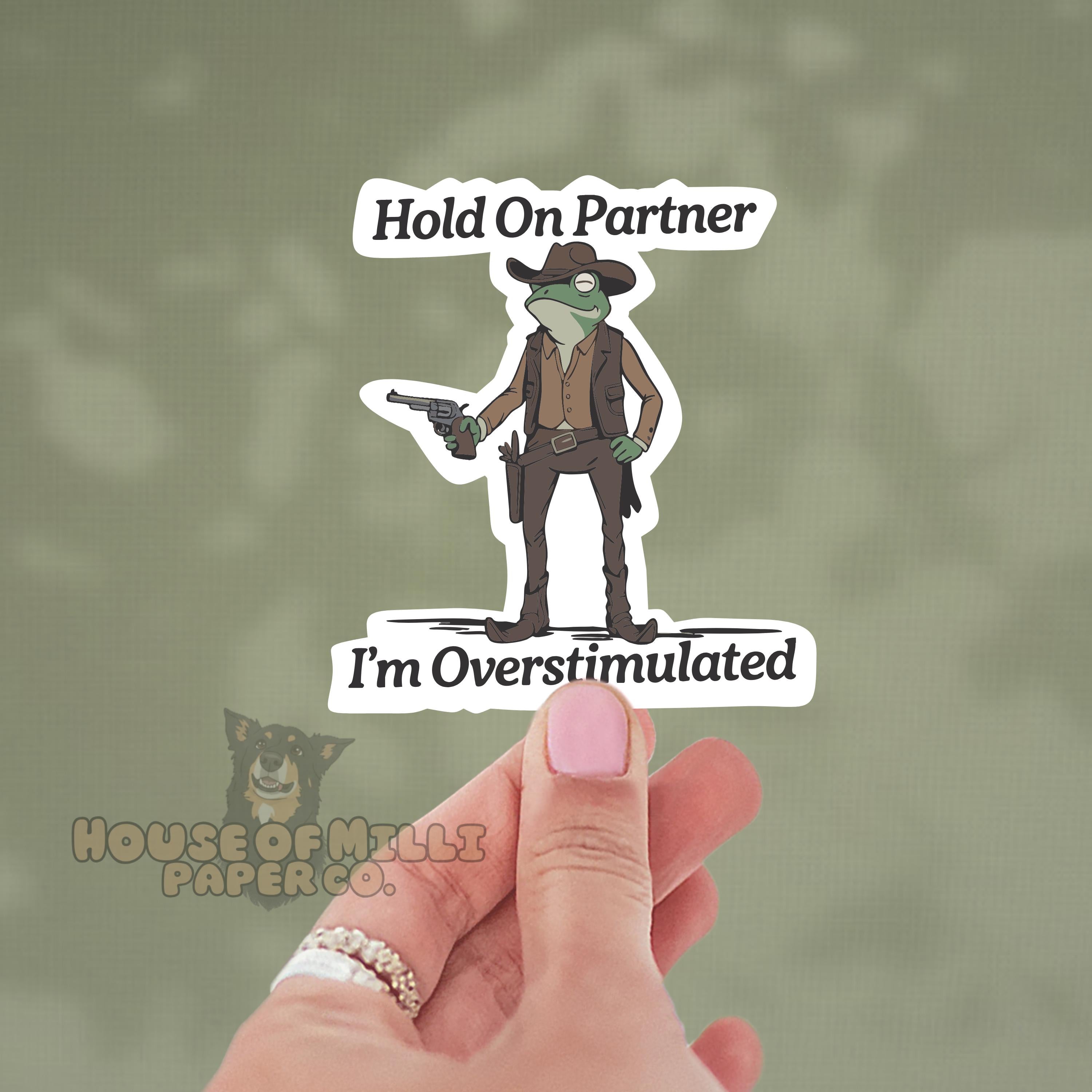 Hand holding a sticker with a cartoon turtle in a cowboy outfit and text 'Hold On Partner, I'm Overstimulated' on a green background.
