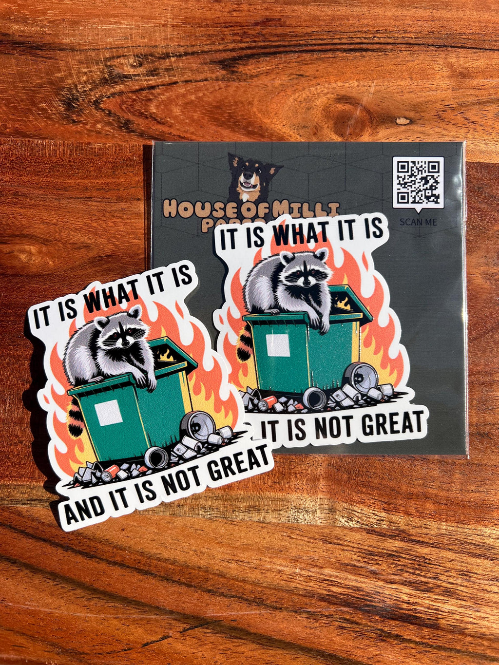 It Is What It Is, and It Is Not Great Dumpster Fire Sticker: Funny Racoon Decal