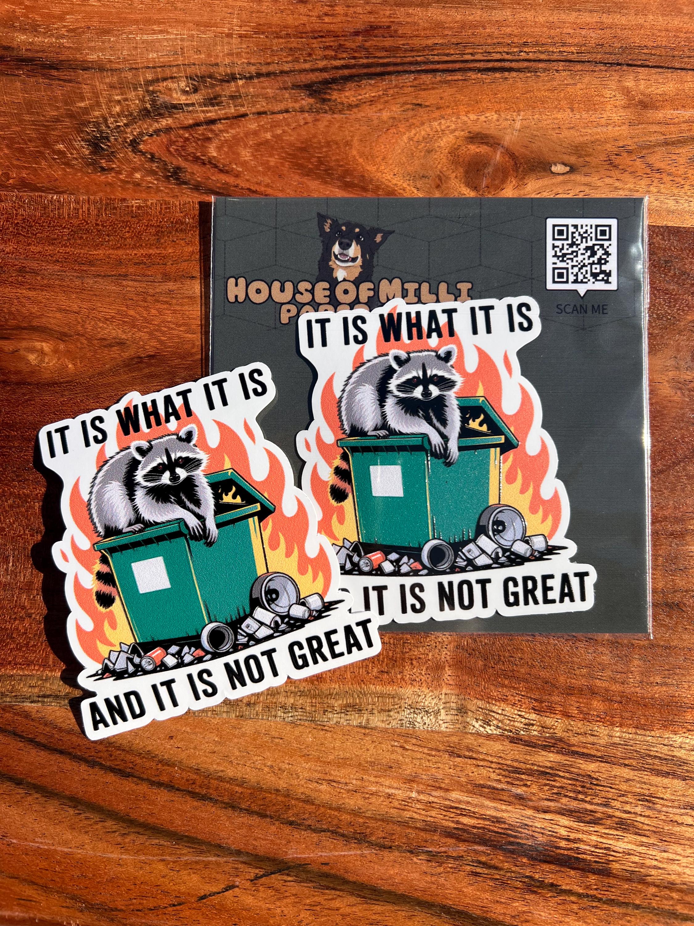 It Is What It Is, and It Is Not Great Dumpster Fire Sticker: Funny Racoon Decal