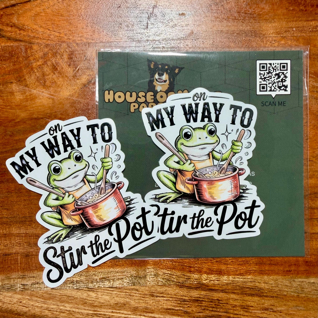 On My Way to Stir the Pot Frog Sticker: Funny Sarcastic Decal