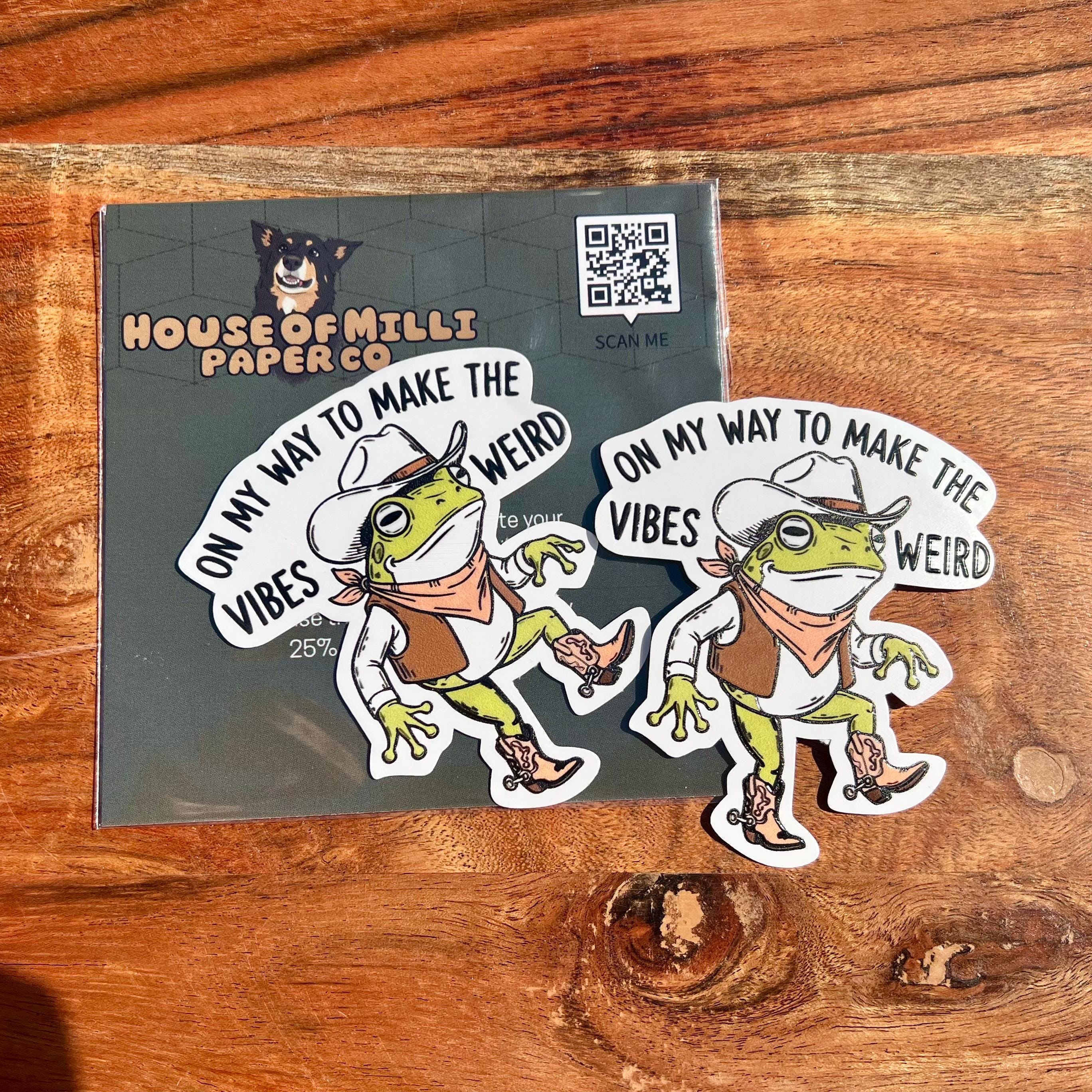On My Way to Make Vibes Weird Sticker - Funny Cowboy Frog Decal
