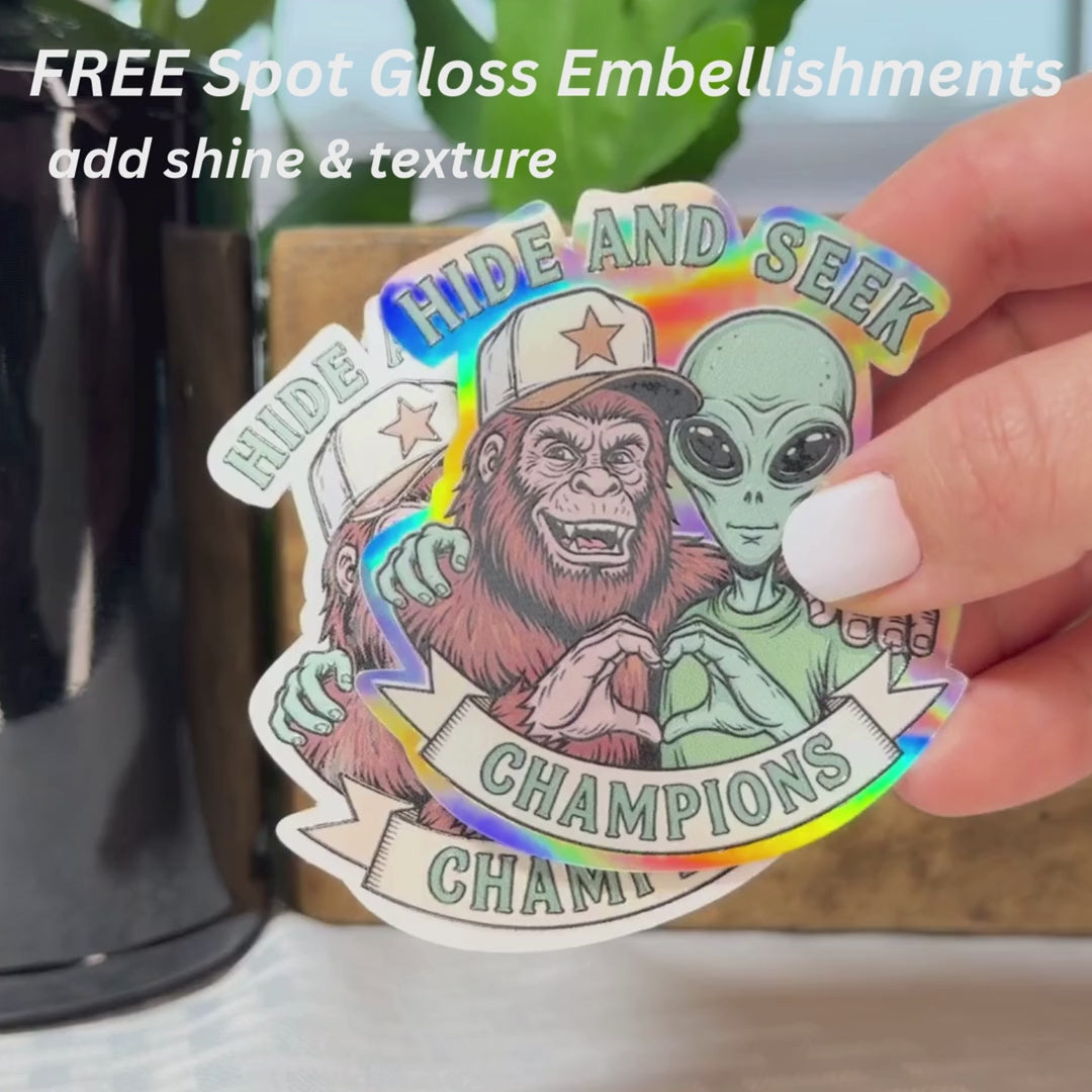Hide and Seek Champions Sticker: Aliens and Big Foot Joke Decal