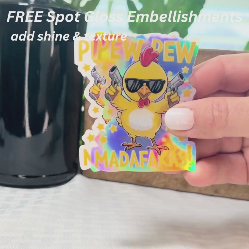 Pew Pew Madafakas Chicken Sticker: Funny Ammo Box Vinyl Decal